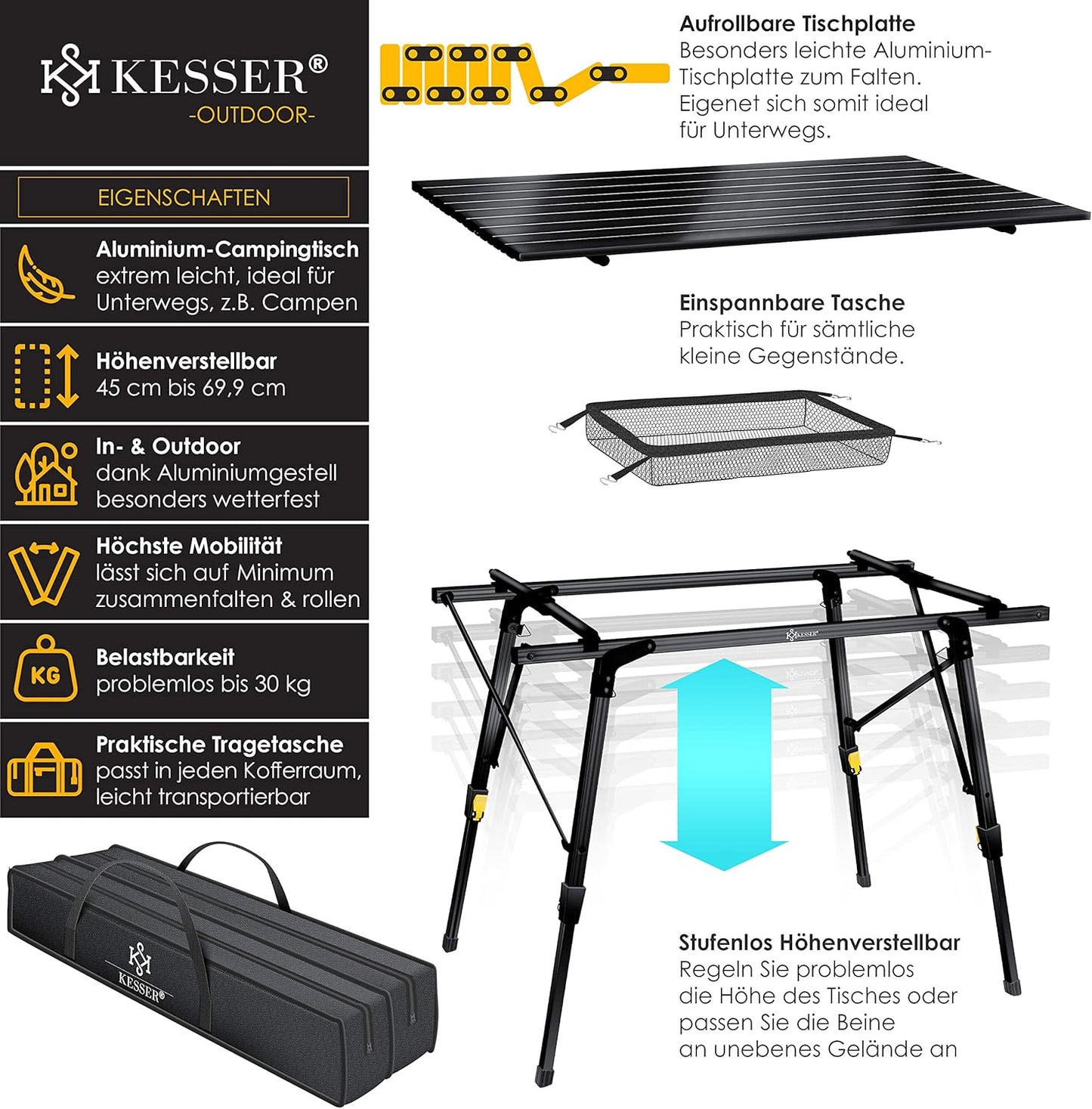 Faltbarer Campingtisch mit Aluminiumrahmen, 90 cm x 53 cm Schwarz