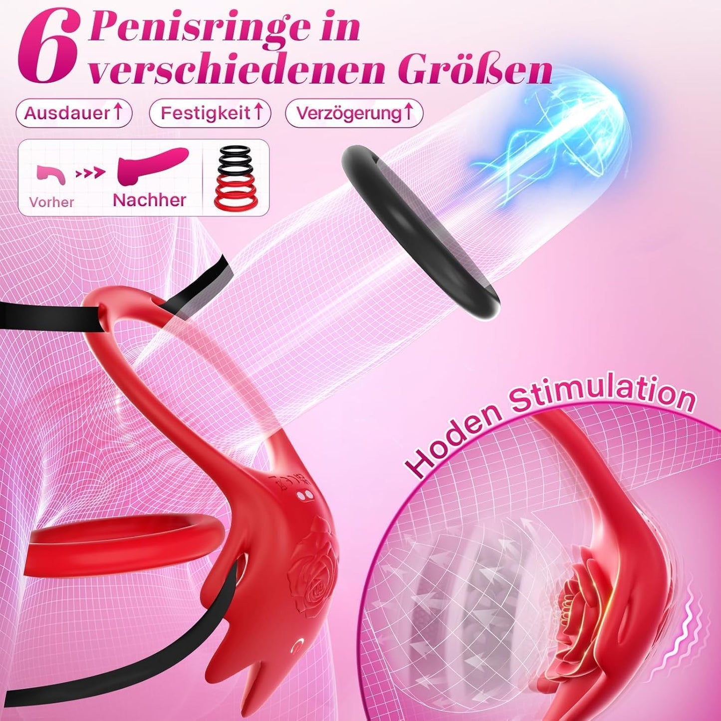 Vibrator mit Penisring und Erotikspiele-App, Burgunderrot, Extragrösse 2