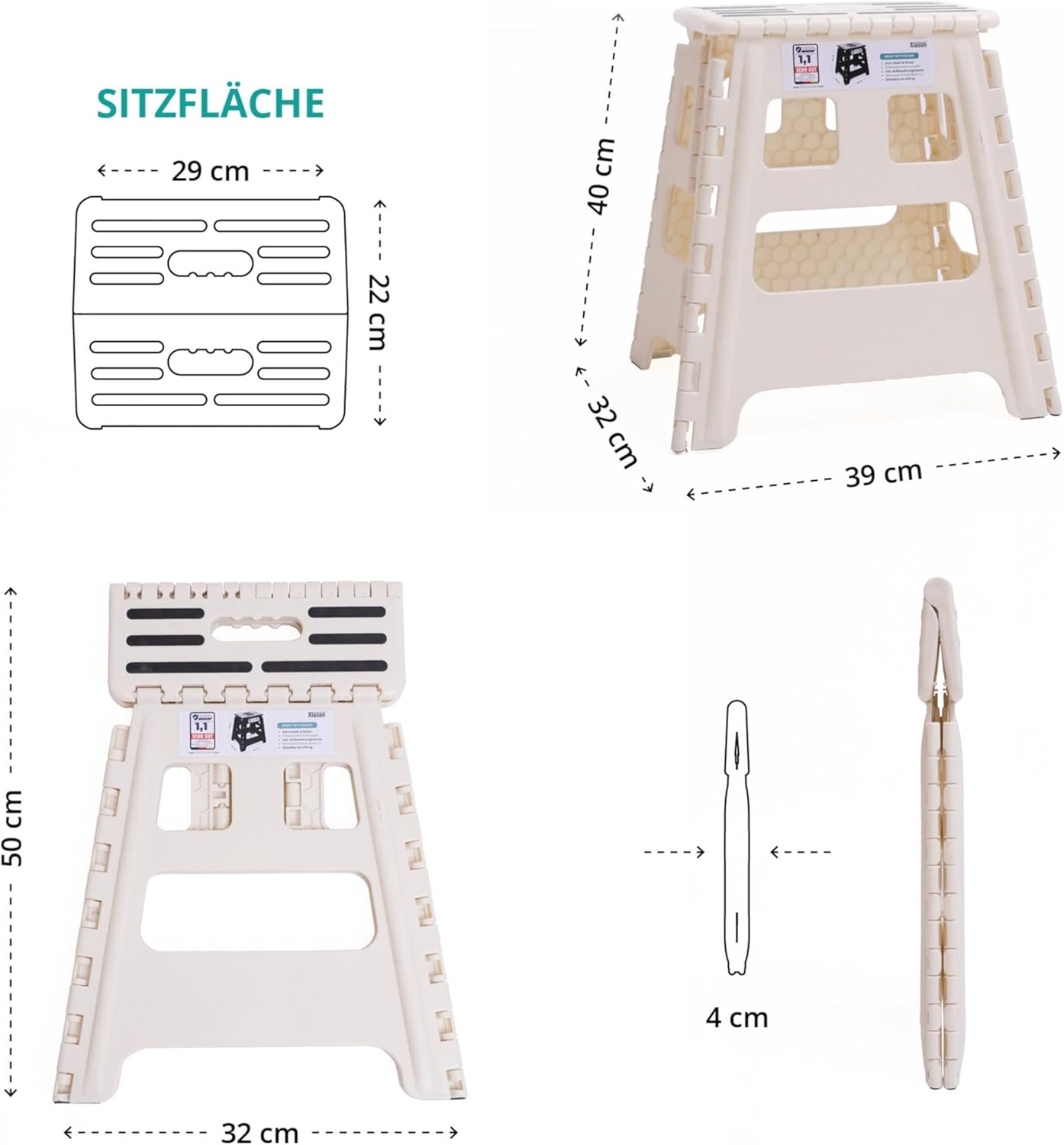Klappbarer Tritthocker, Weiss/Beige 39cm Hoch