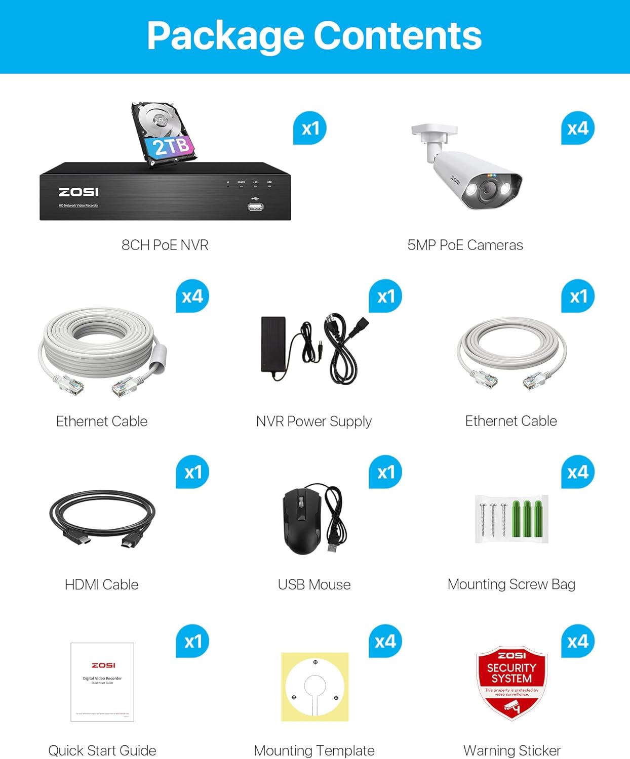 5MP Überwachungskamera-Set mit 2-Wege Audio, Personen- und Fahrzeugerkennung, 5MP 4 Kameras, Schwarz