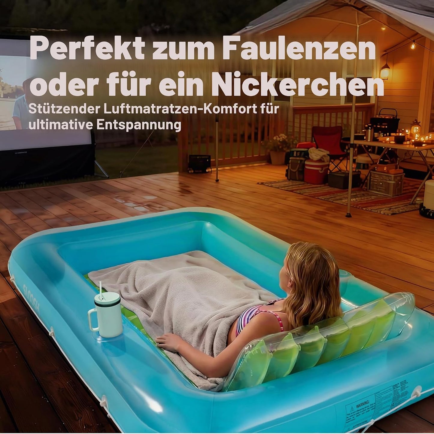 Aufblasbarer Sonnenpool mit abnehmbarem Kissen und Getränkehalter, Blau-Grün L