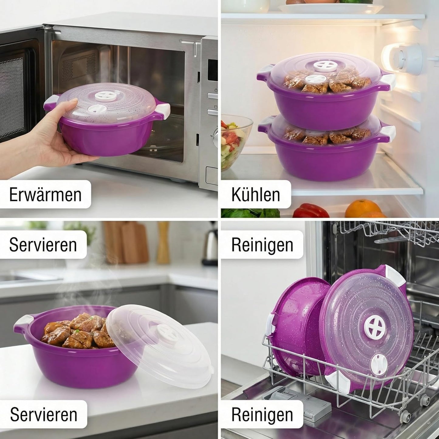 2-teiliges Mikrowellenschüssel-Set mit Dampfventil, Lila