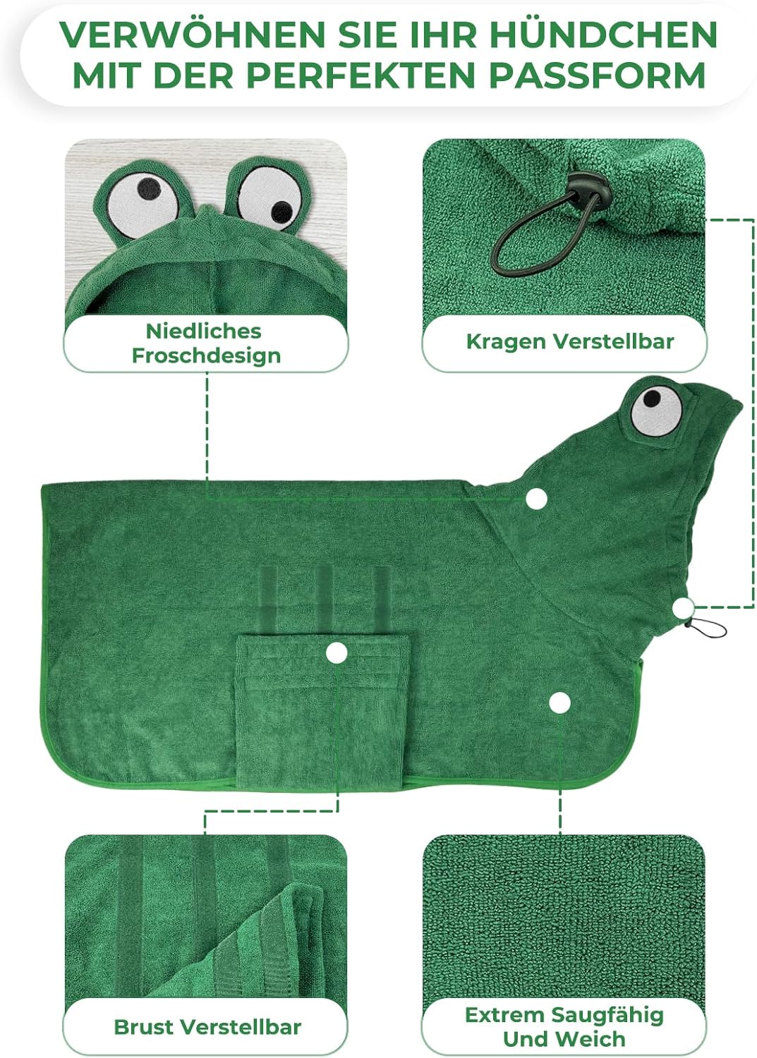 Hundebademantel aus Mikrofaser, schnell trocknend, XL Grüner Frosch