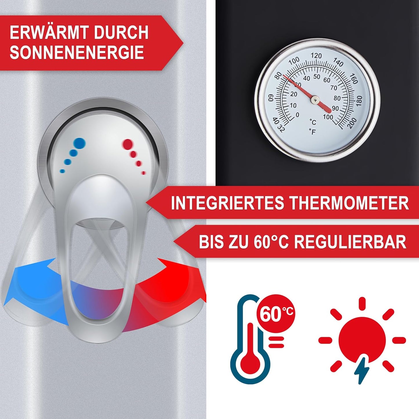 Solardusche mit Regenschutz & Thermometer, Schwarz-Silber