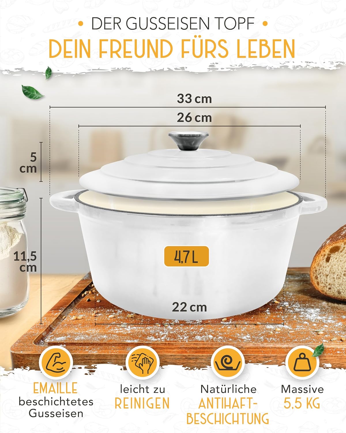 Schmortopf mit Deckel, Emaille Topf 4,7l - Weiß - Einzeln