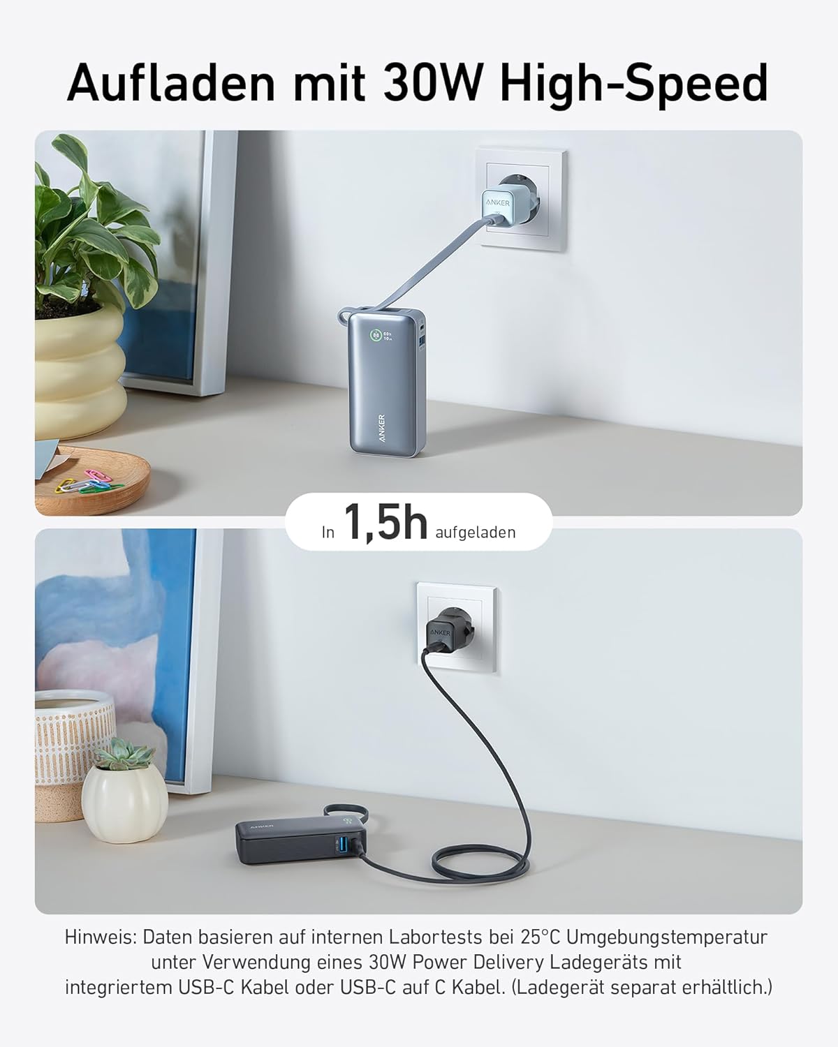 Nano Powerbank mit integriertem USB-C Kabel, Blau
