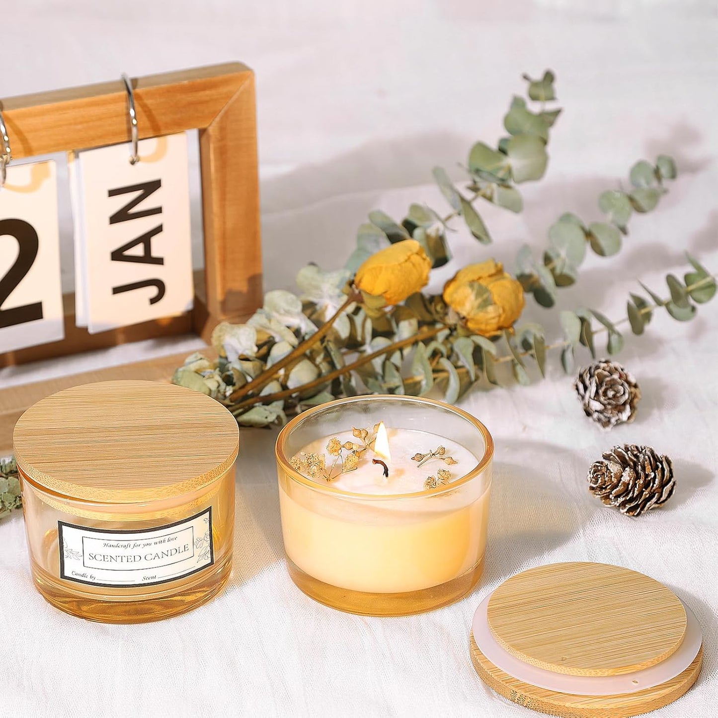 Kerzengläser-Set mit Bambusdeckeln, Amber/Champagner