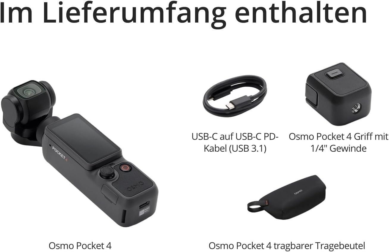 Osmo Pocket 4 Essential Combo Gimbal Vlog Kamera mit 3-Achsen-Stabilisierung, Displayschutzfolie