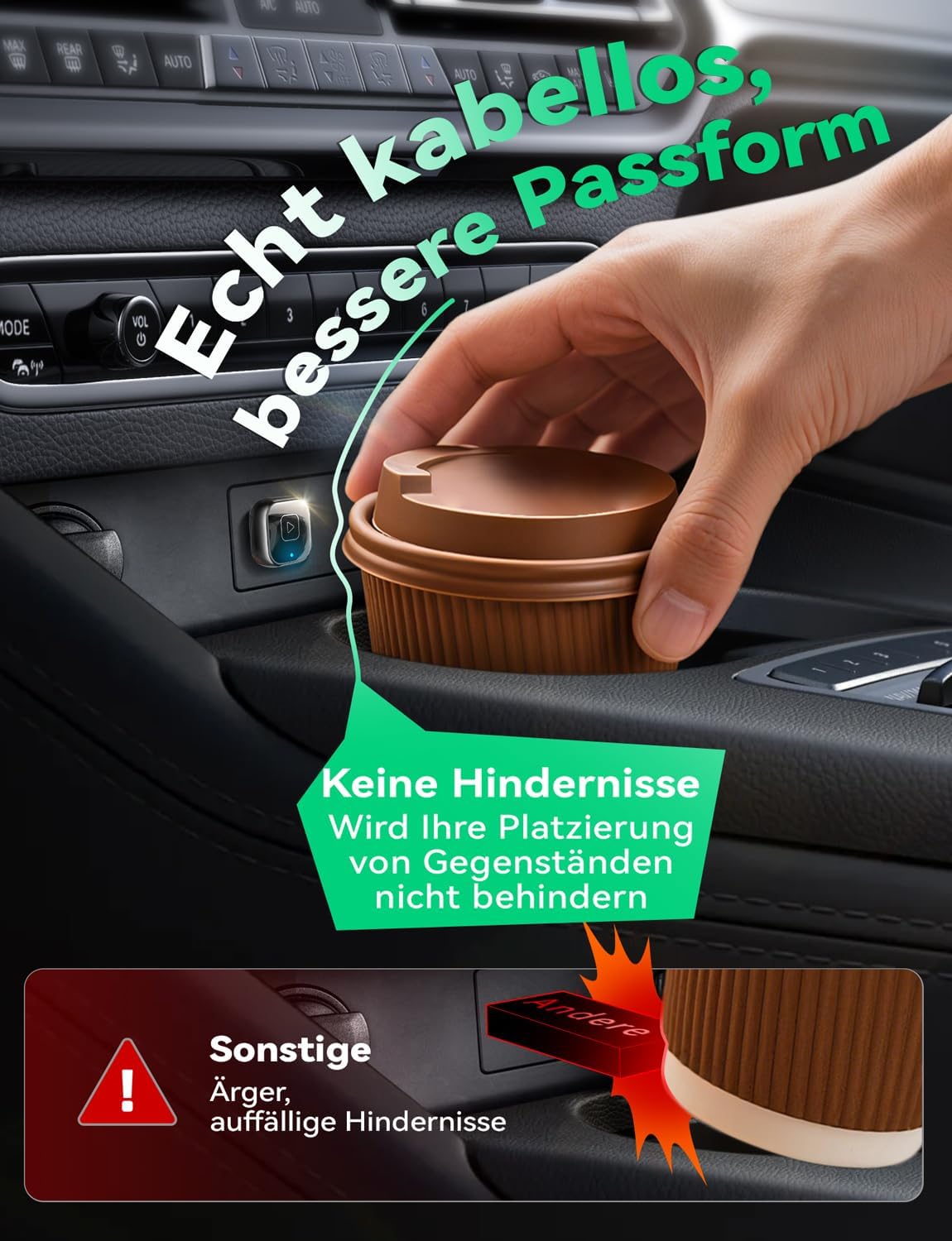 Wireless Carplay & Android Auto Adapter, Tiefschwarz