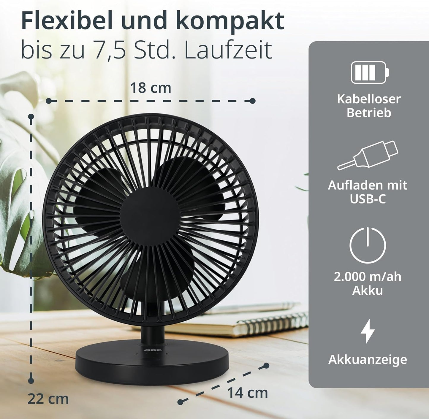 USB-Tischventilator mit Akku, Anthrazit