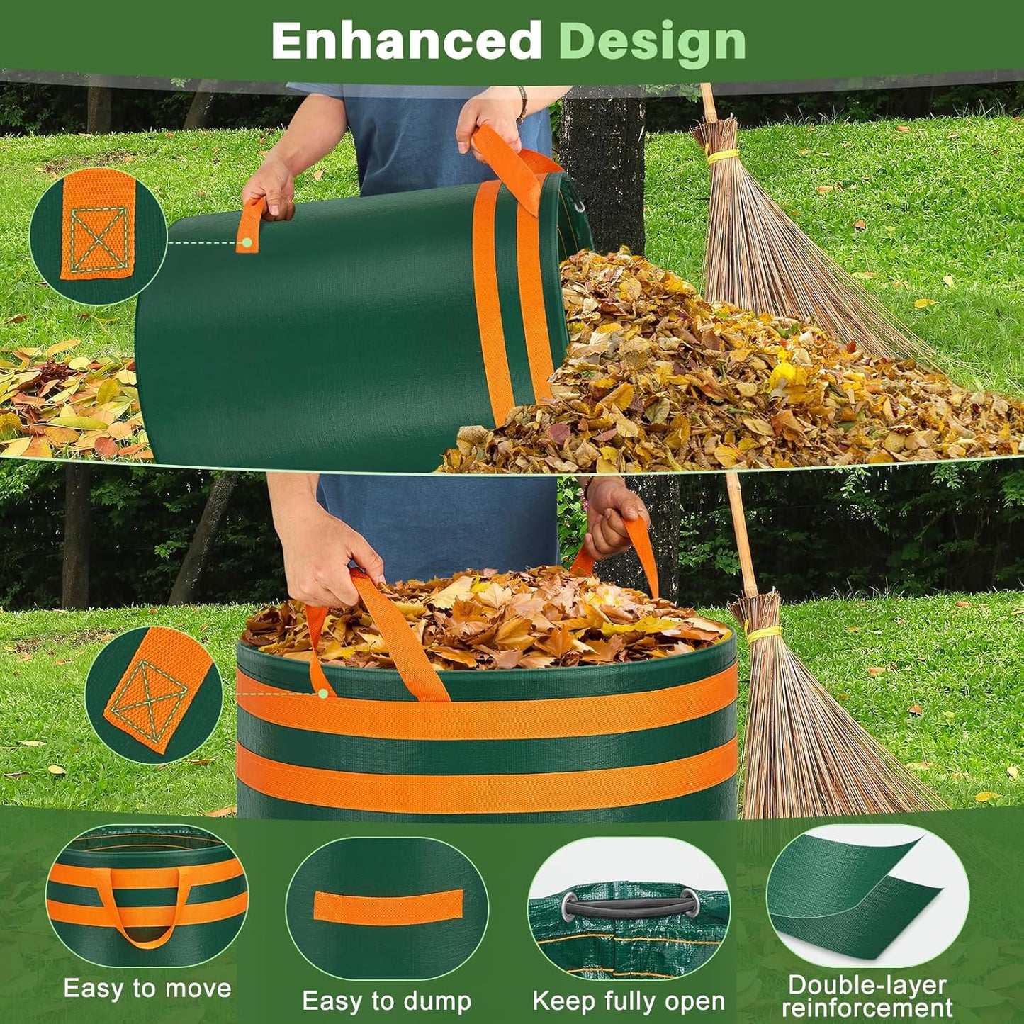 3-teiliges Gartenabfallsack-Set selbststehend mit Griffen, Grün-272l