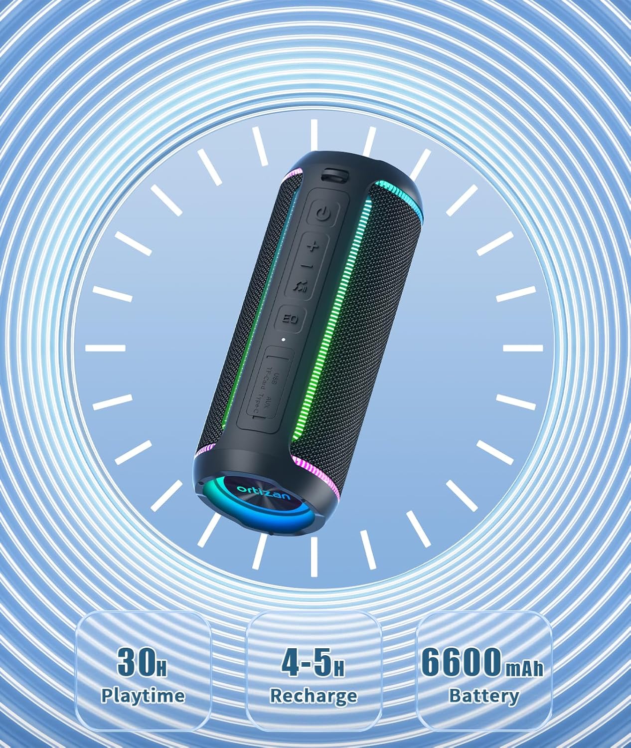 X30 Bluetooth Lautsprecher mit LED-Licht, 30h Spielzeit, schwarz