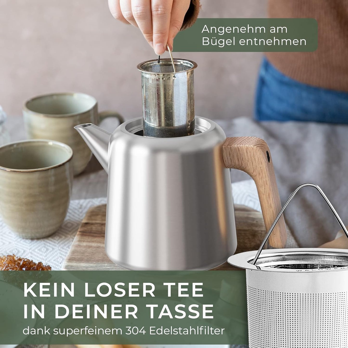 Teekanne mit Stövchen und Siebeinsatz, Teekanne mit Stövchen
