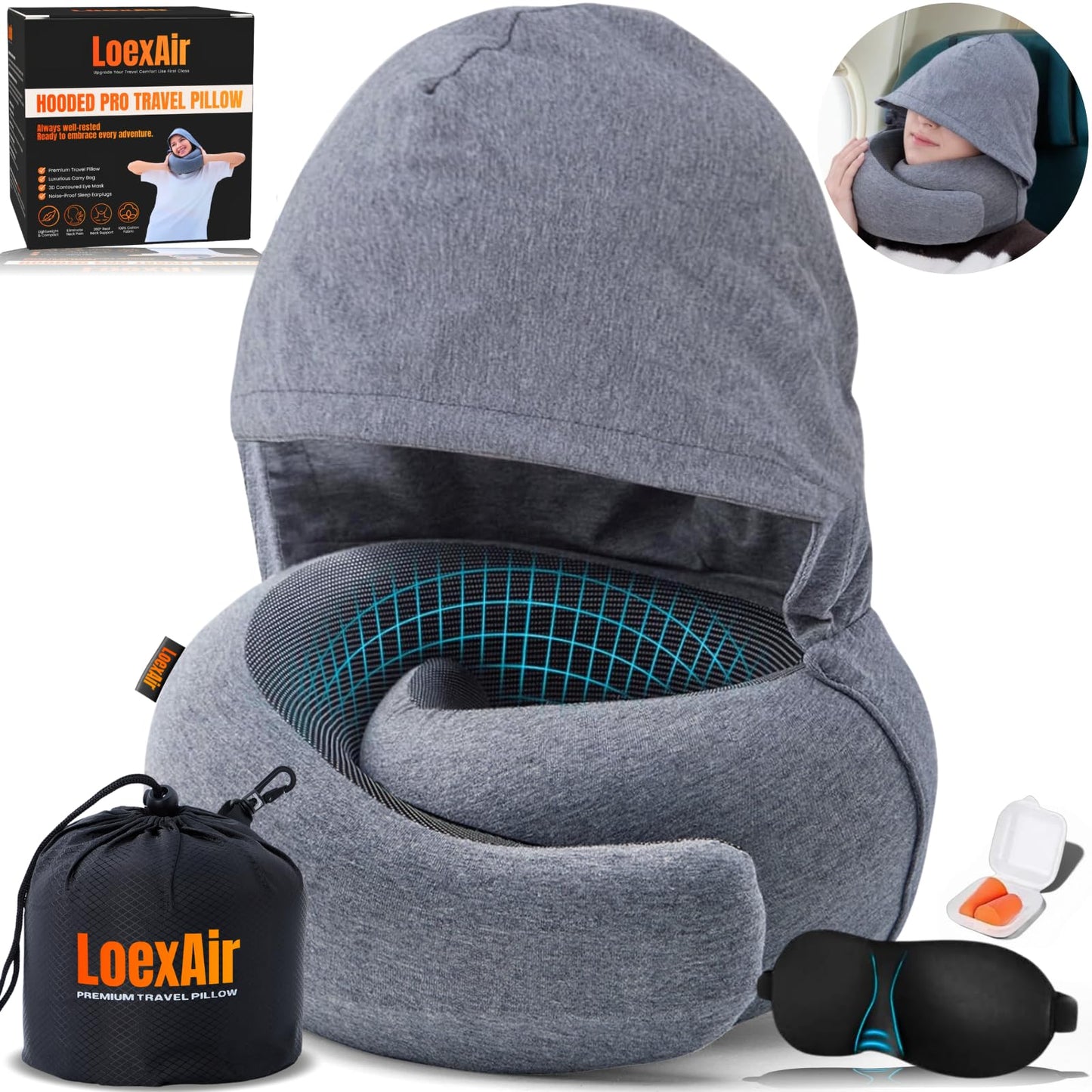 Reisekissen mit Kapuze aus Memory-Schaum, Hellgrau Hooded Pro