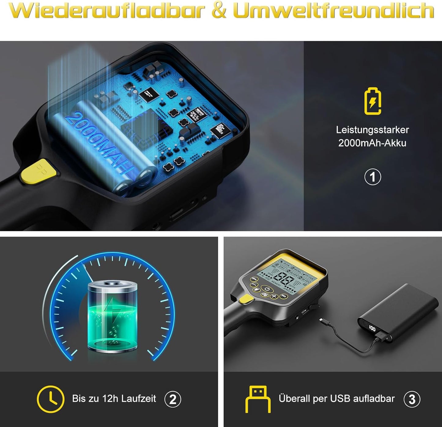 Metalldetektor mit Pinpointer & Akku, Silbergrau