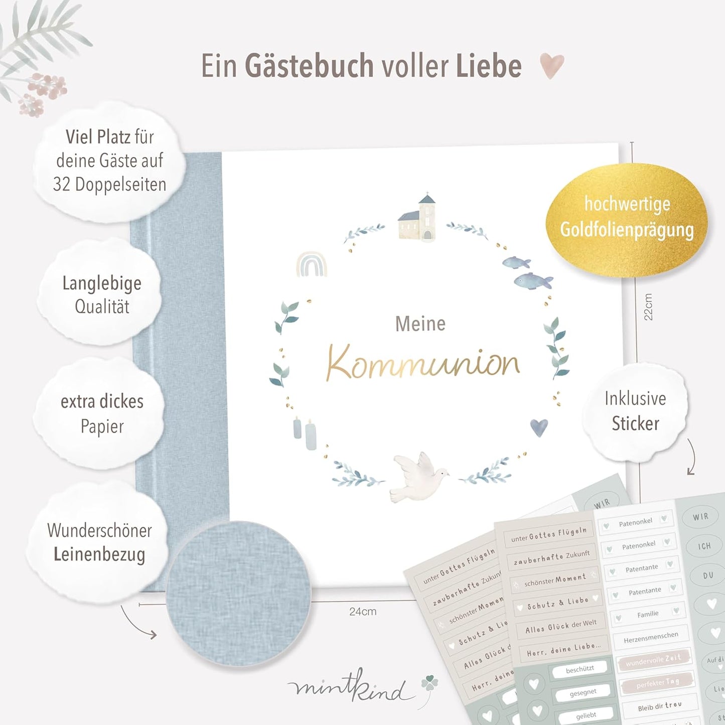 Kommunion Gästebuch, Blau Leinen