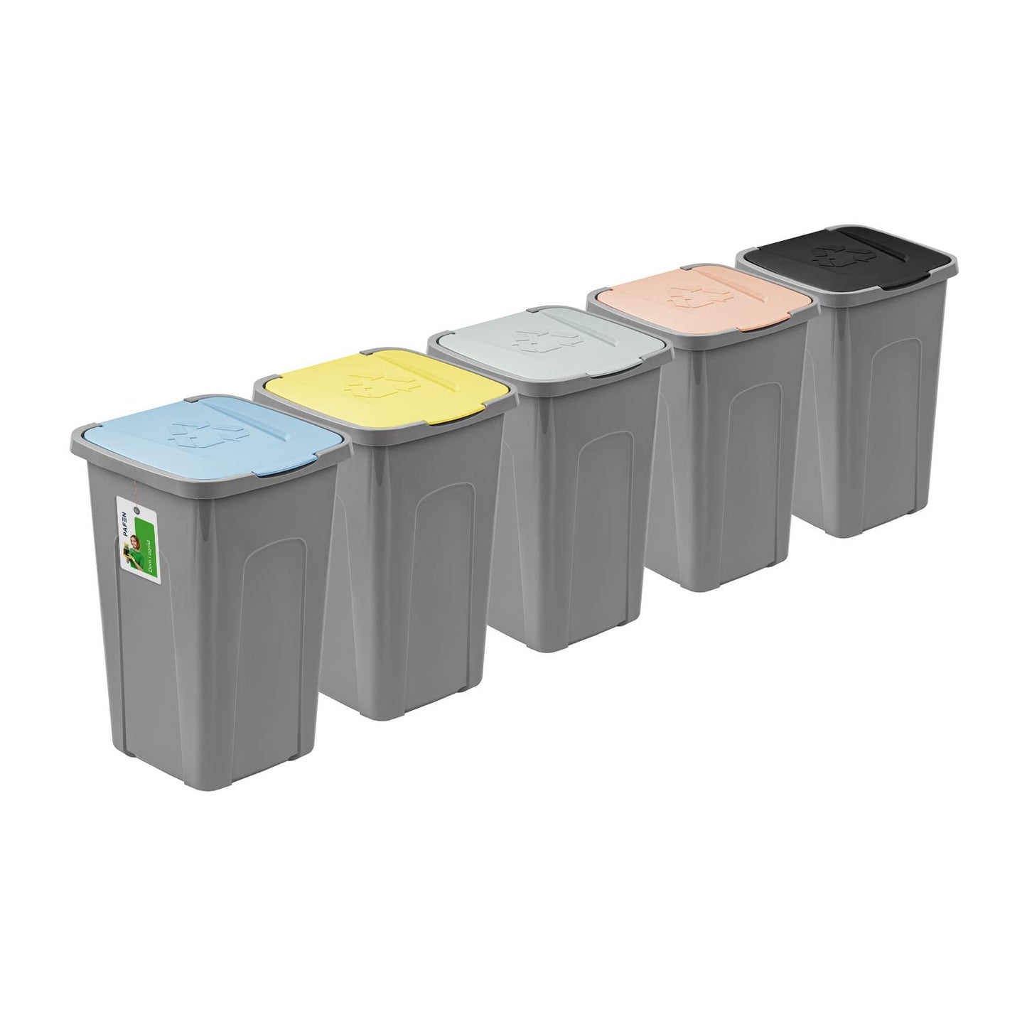 5-teiliges Mülleimer-Set mit farbigen Deckeln, 5 Grau – Gelb/Grün/Blau/Braun/Schwarz