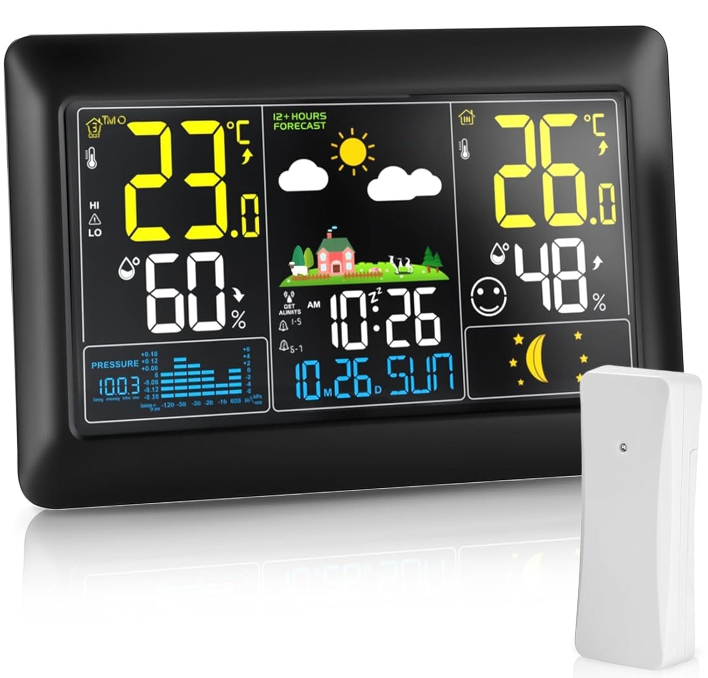 Funk-Wetterstation mit Aussensensor und Farbdisplay, Schwarz