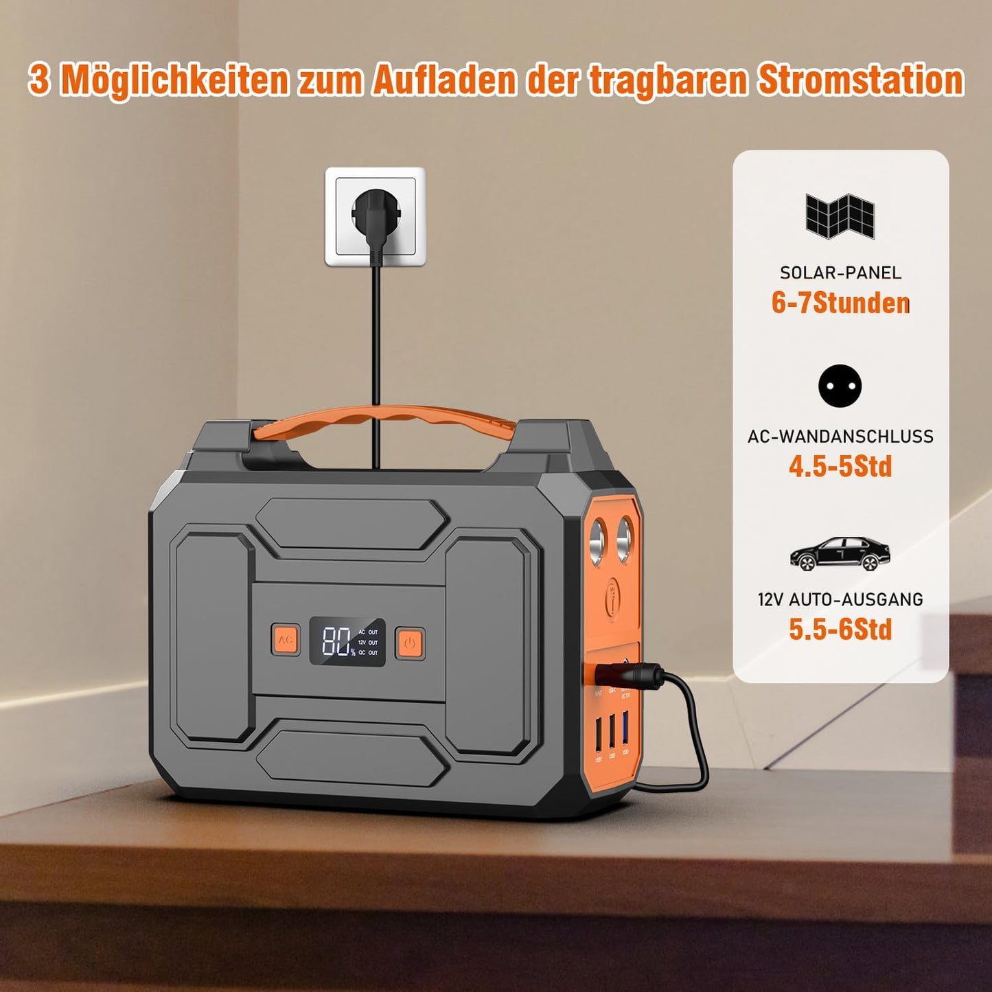 Tragbare Powerstation mit Solarpanel, Orange