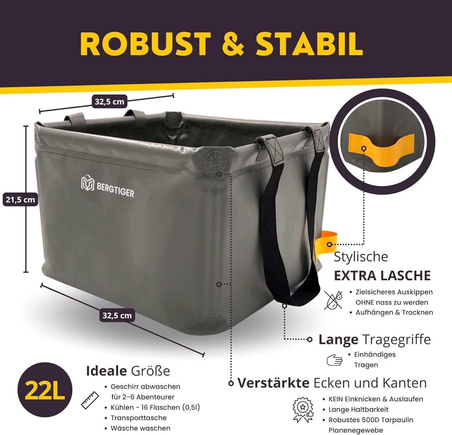 Faltbare Camping-Spülschüssel mit Griff, Anthrazitgrau / Gelb - 21 Liter