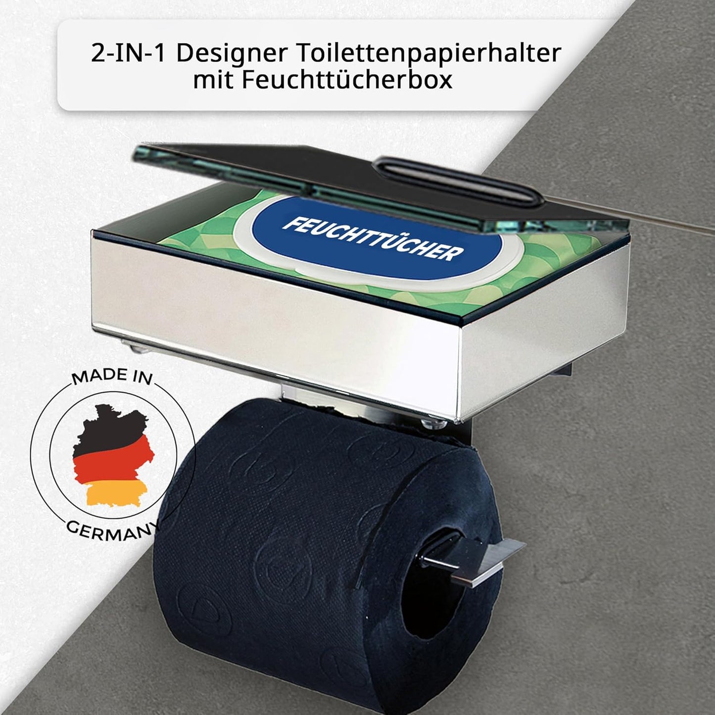 Toilettenpapierhalter mit Feuchttücherbox, Gehäuse Poliert Abdeckung Glas Schwarz