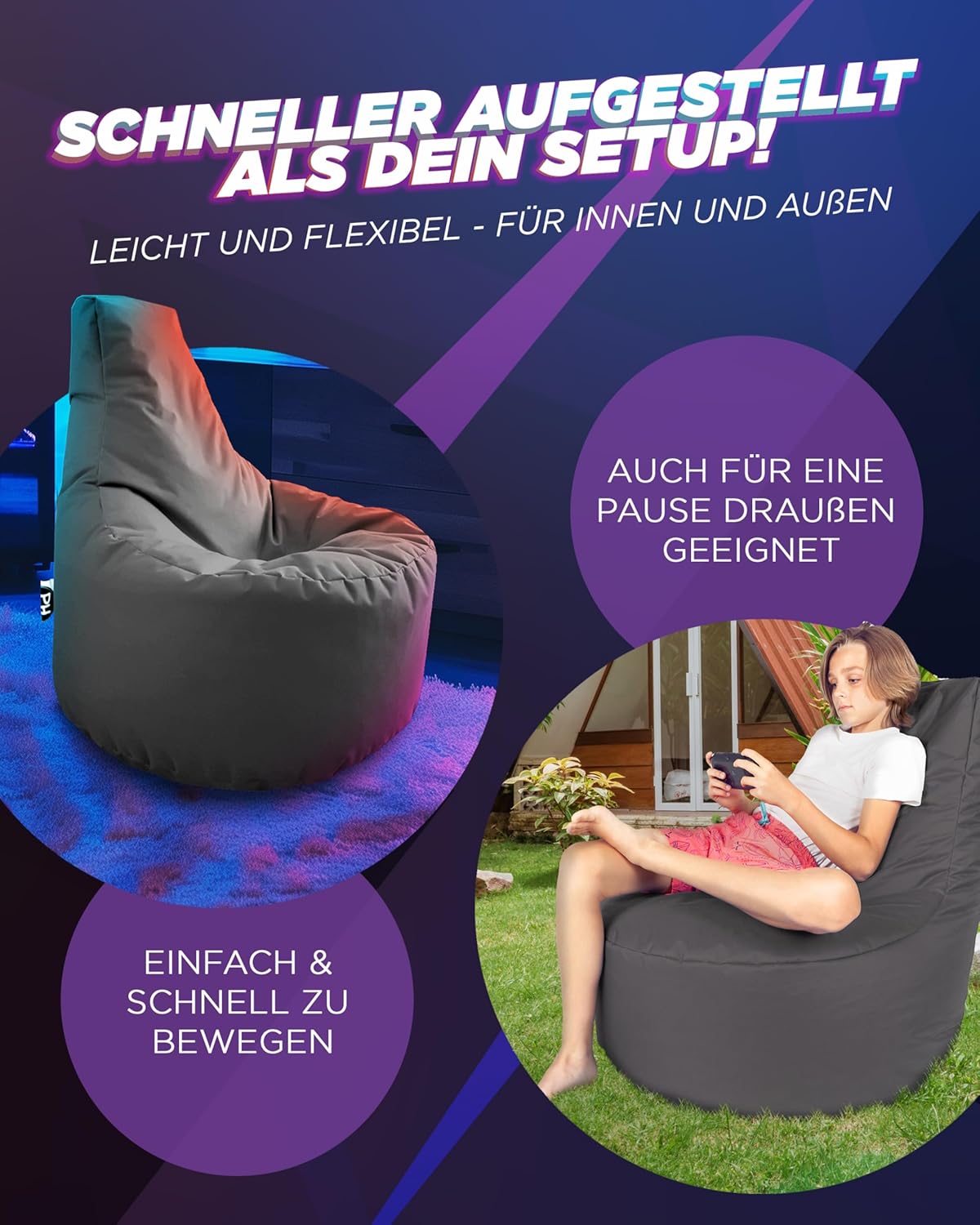 Gamer Lounge Sitzsack, Ø 75cm x Höhe 80cm, Anthrazit
