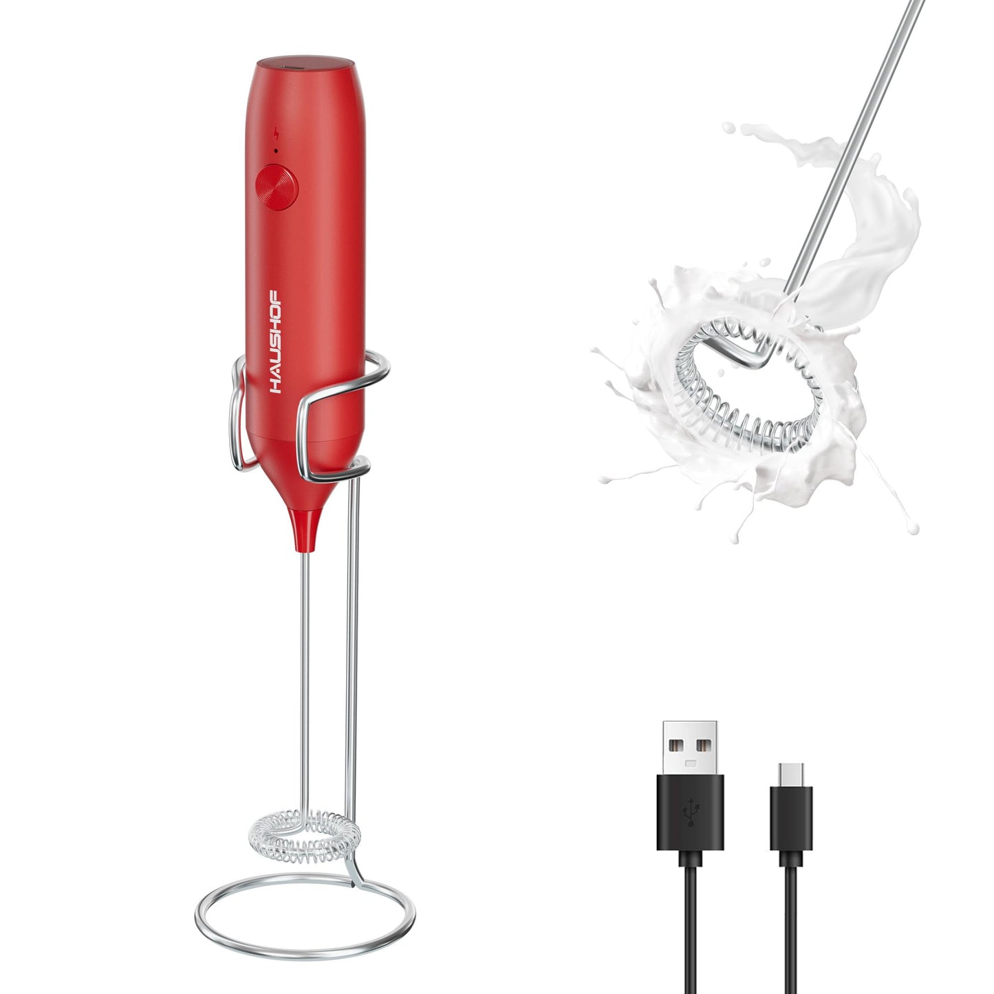 Wiederaufladbarer Hand-Milchaufschäumer mit Ständer, Rot