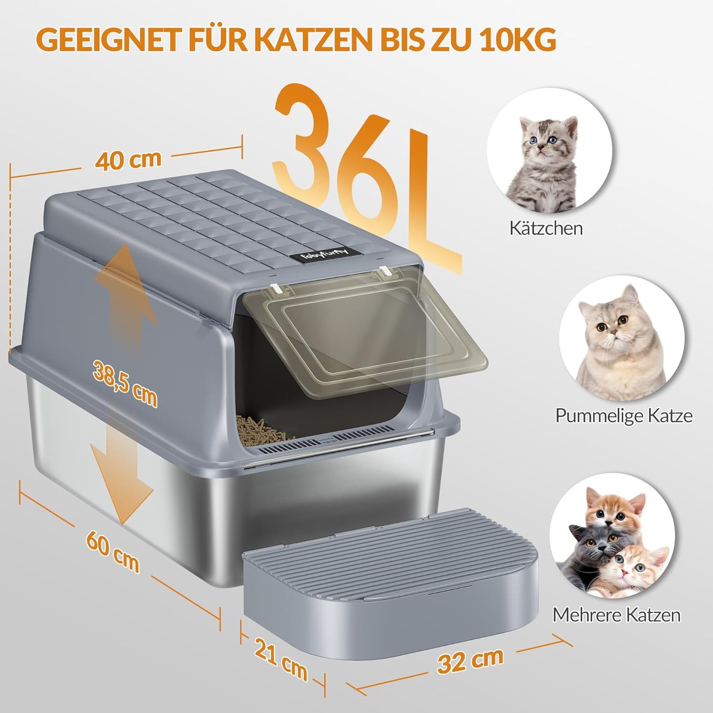 Geschlossene Katzentoilette mit Klappdeckel, Gris Foncé 1 Unité
