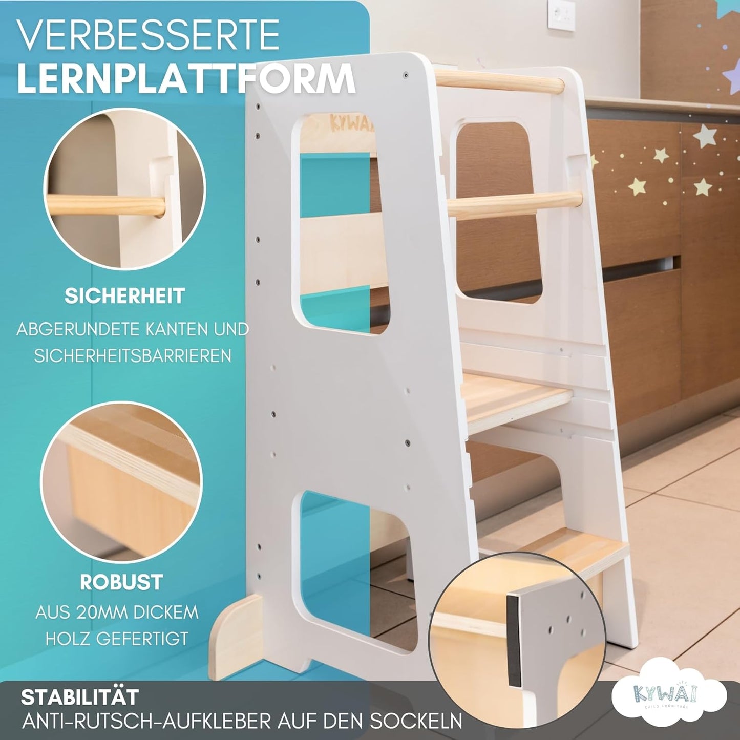 Höhenverstellbarer Lernturm mit Sicherheitsbarriere und Antirutschstreifen, Weiss