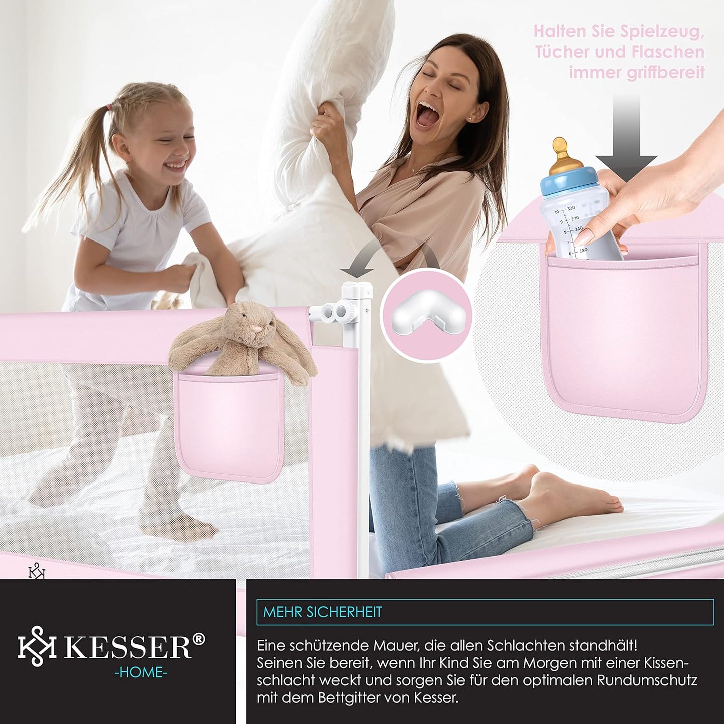 Bettschutzgitter für Kinder, 180cm Rosa