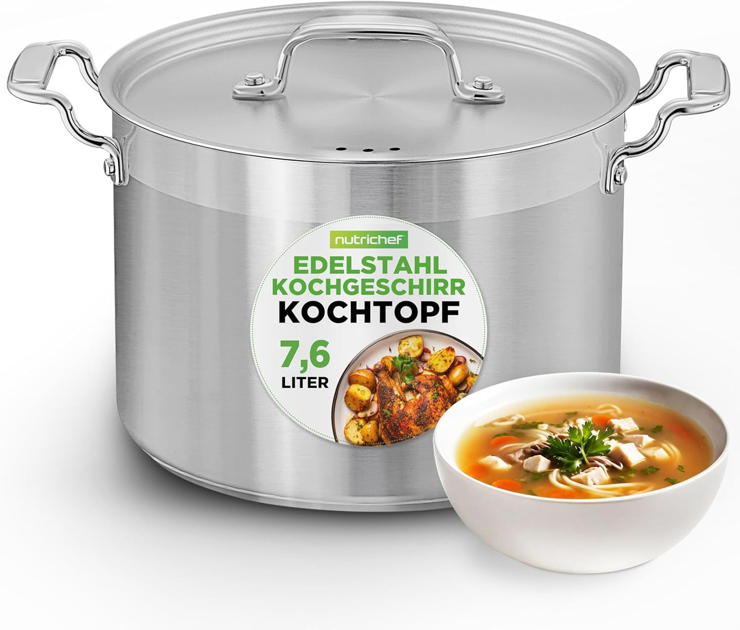 Induktionstopf Edelstahl 8 L mit Deckel, 8 Liter