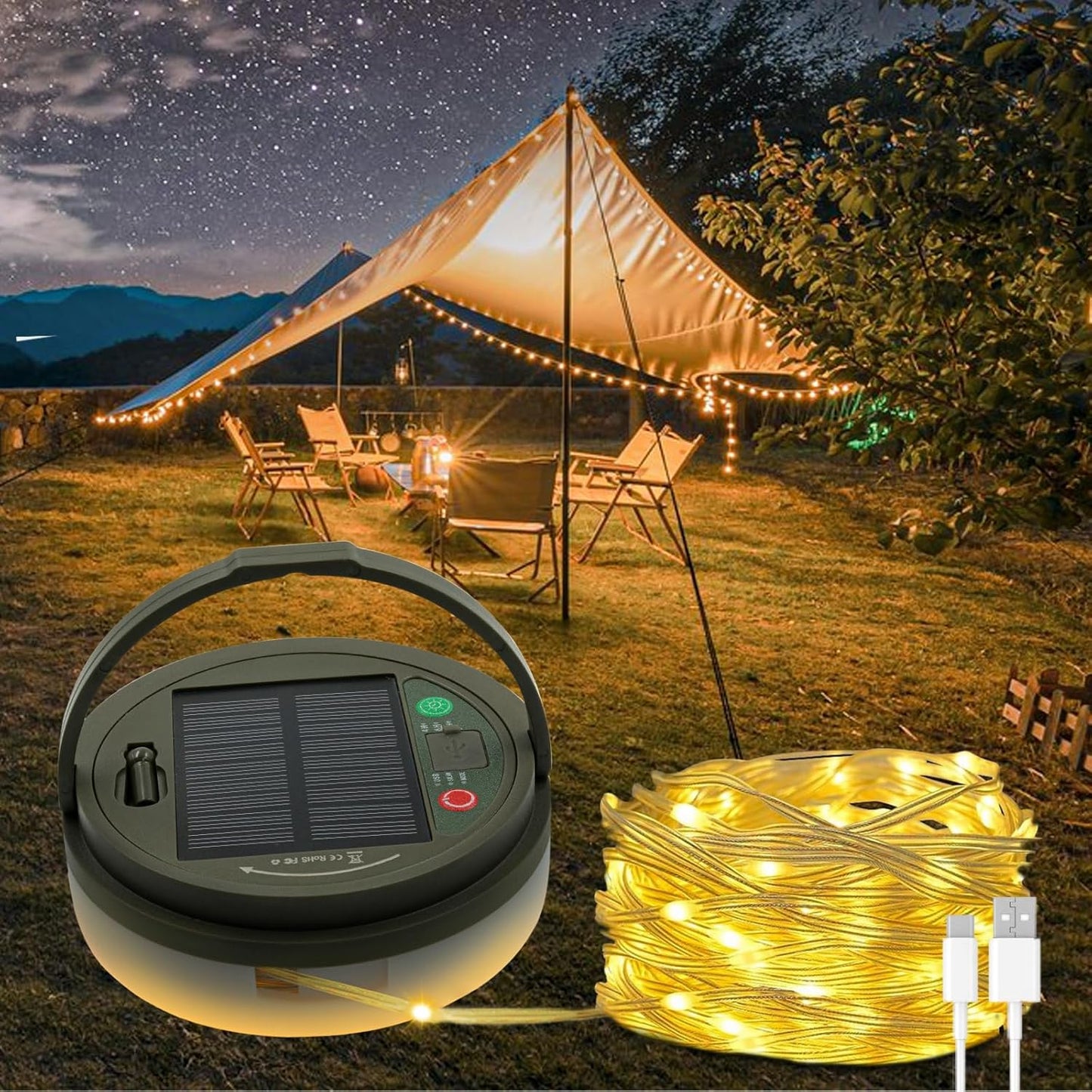 Solar Camping Lichterkette mit USB-Aufladung (10 m), 10M Solar And Usb 1800mah