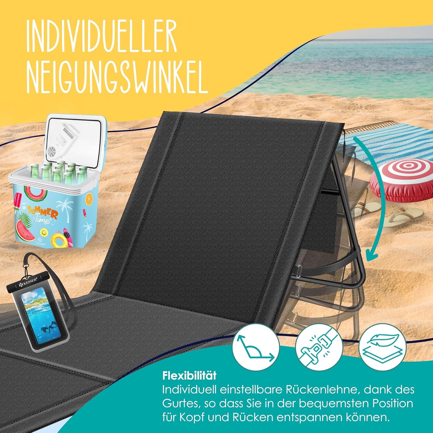Klappbare Strandmatte mit verstellbarer Rückenlehne und Tragegurt 2er-Set, 2 Stück Schwarz