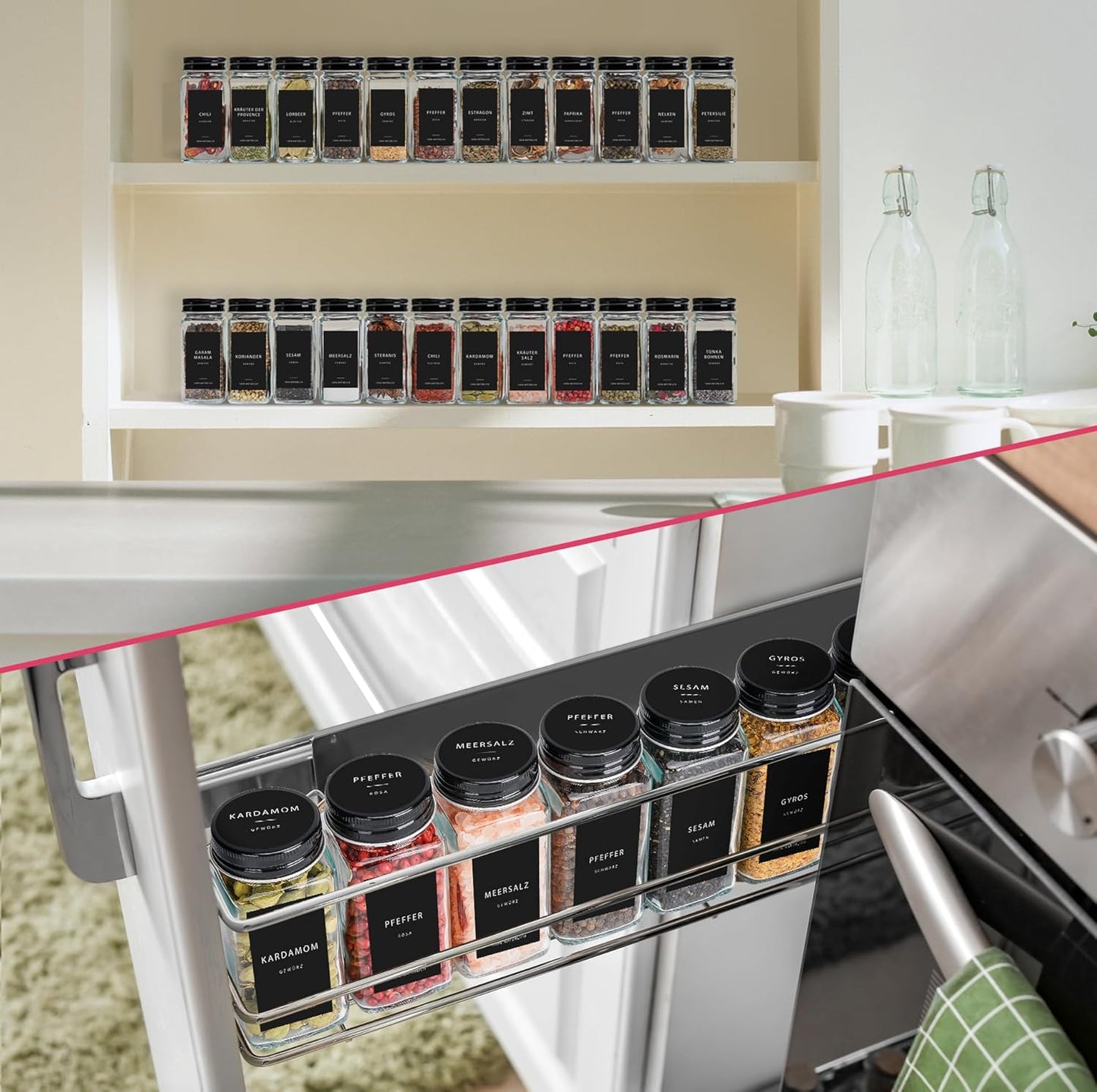24-teiliges Gewürzgläser Set mit Etiketten, Streueinsatz, Trichter & Reinigungsbürste, Schwarz - 24 - schwarze Etiketten