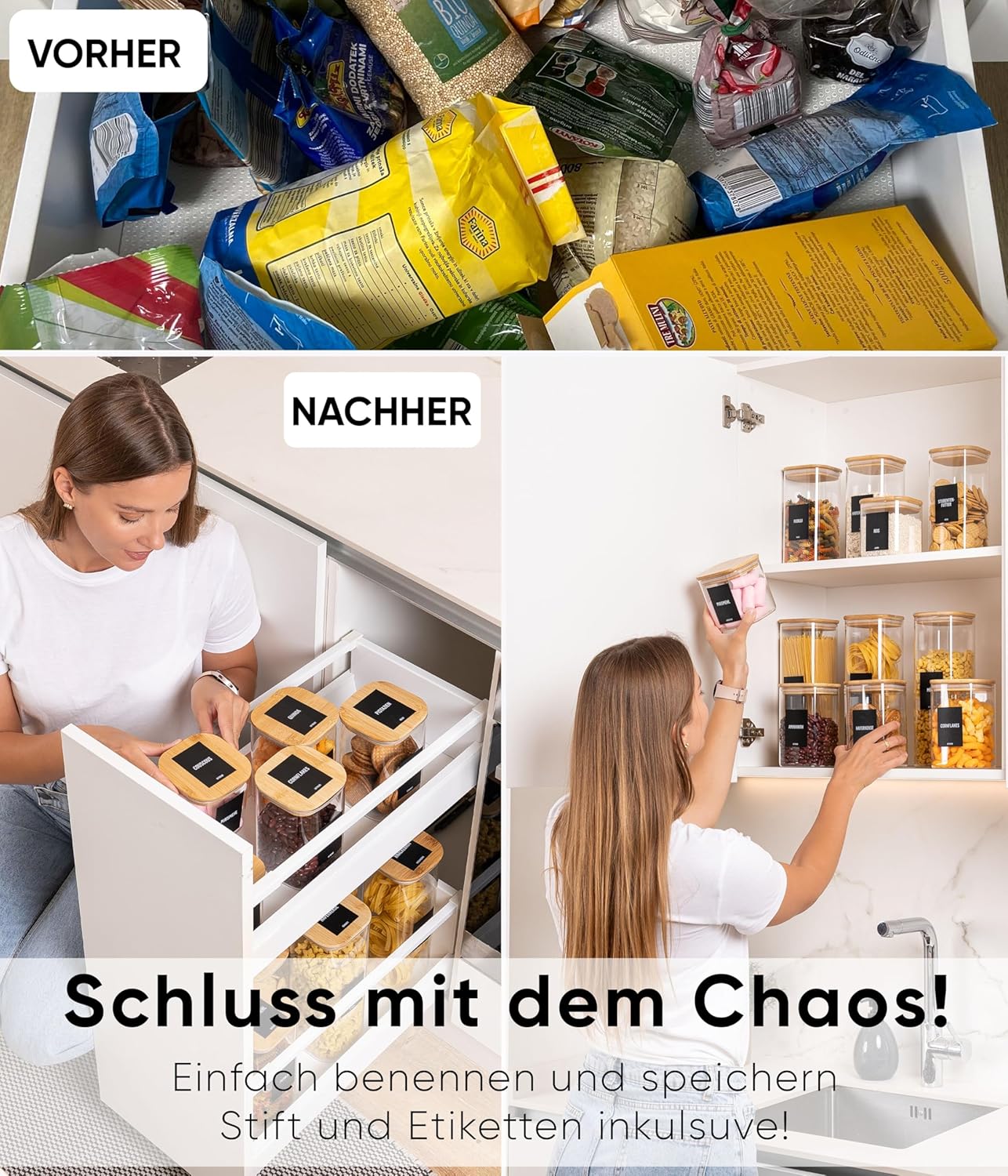 Vorratsgläser-Set mit Deckel, 3 Stk., 1 Grösse/2300ml, eckig