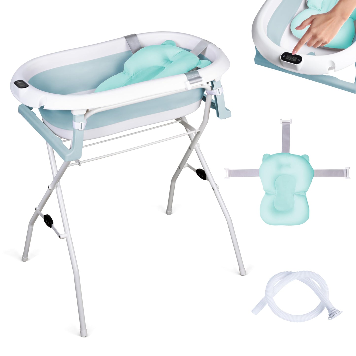 Faltbare Babybadewanne mit Ständer und Thermometer, Blau 84,5cm Höhe - mit Ständer