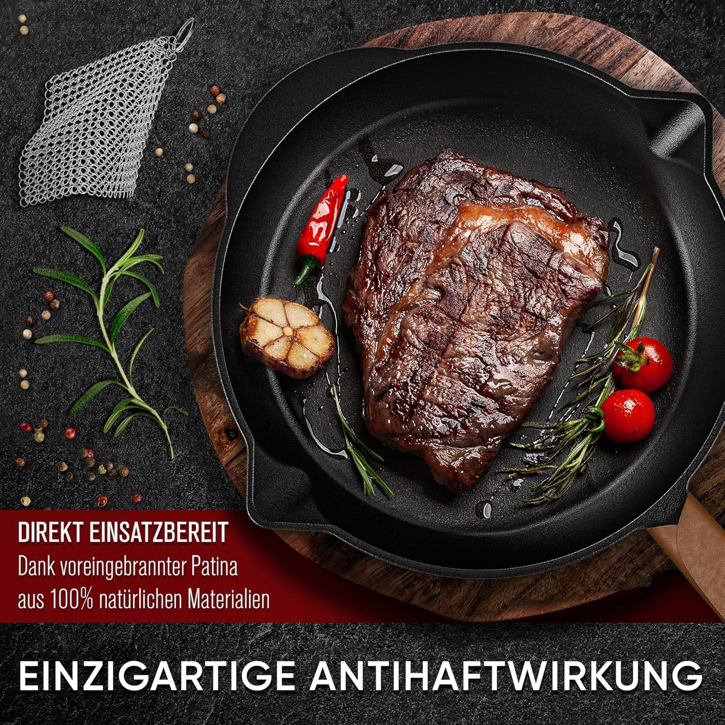 Gusseisenpfanne mit Ledergriffschutz, Bratpfanne 26cm