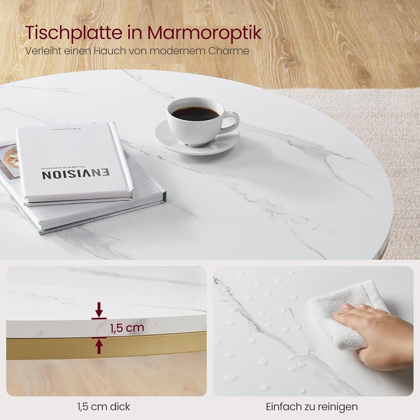 Moderner Couchtisch mit Glasplatte und Stauraum, Marmorweiss + Helles Gold 80d cm