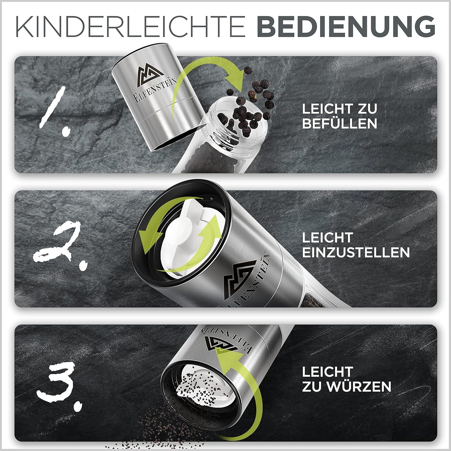 Gewürzmühlen-Set mit Keramikmahlwerk, stufenlos einstellbar, Silber M