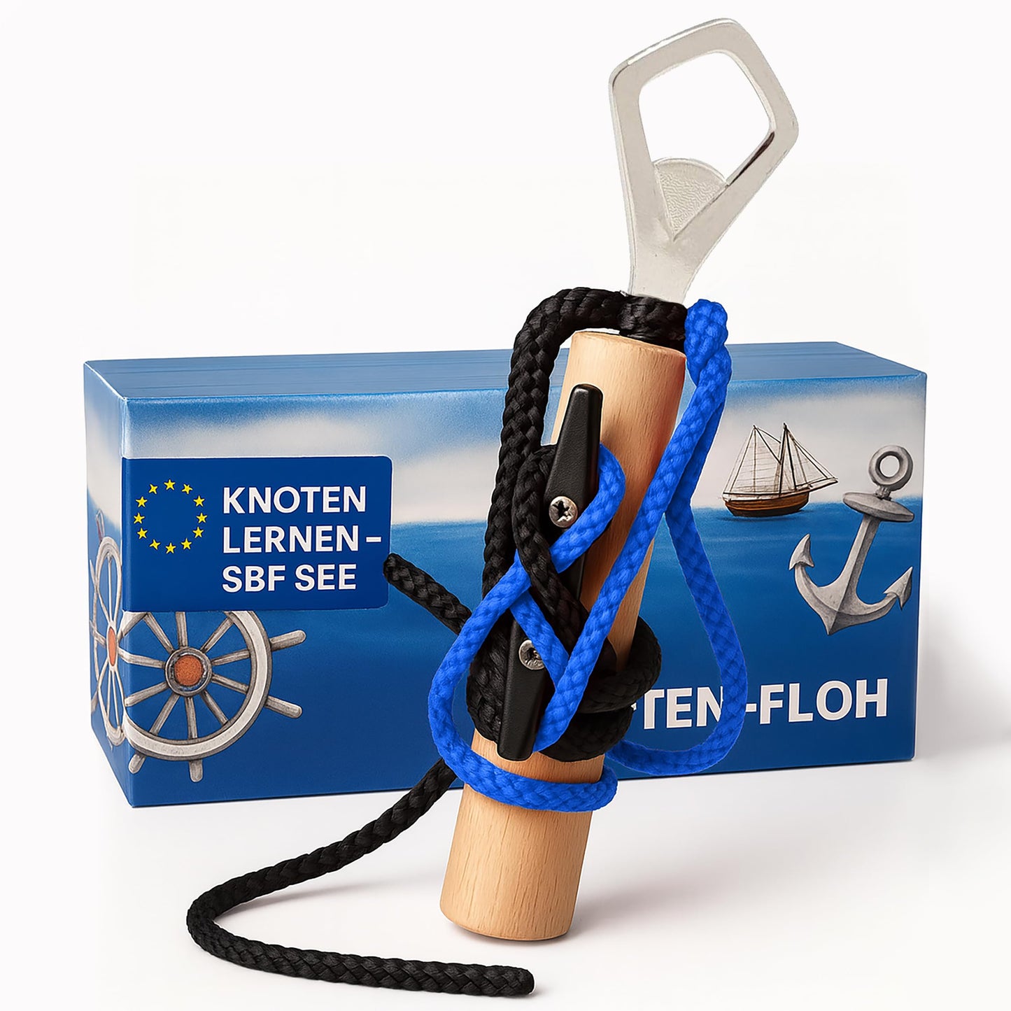Knoten-Übungsset für Bootsführerschein & Feuerwehr, Schwarz/Blau mit Flaschenöffner