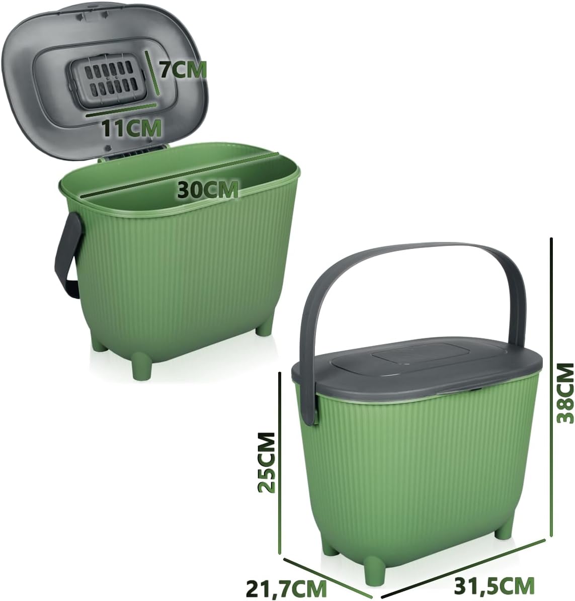 Komposteimer mit Aktivkohlefilter, 10L, Grün/Dunkelgrau