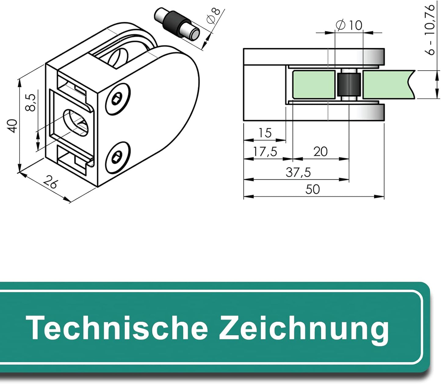 4-teiliges Glashalter-Set für Geländer, FLACH | 8,76mm Glas