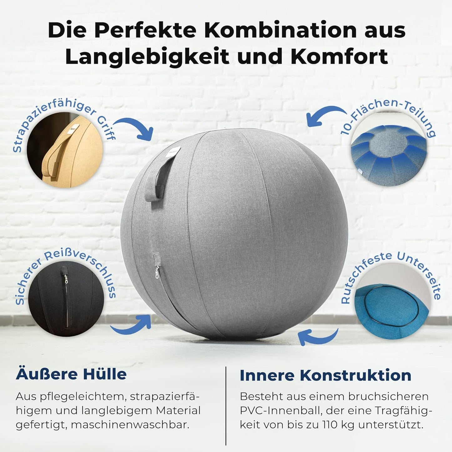 Ergonomischer Sitzball mit waschbarem Bezug, 75 cm Light Gray