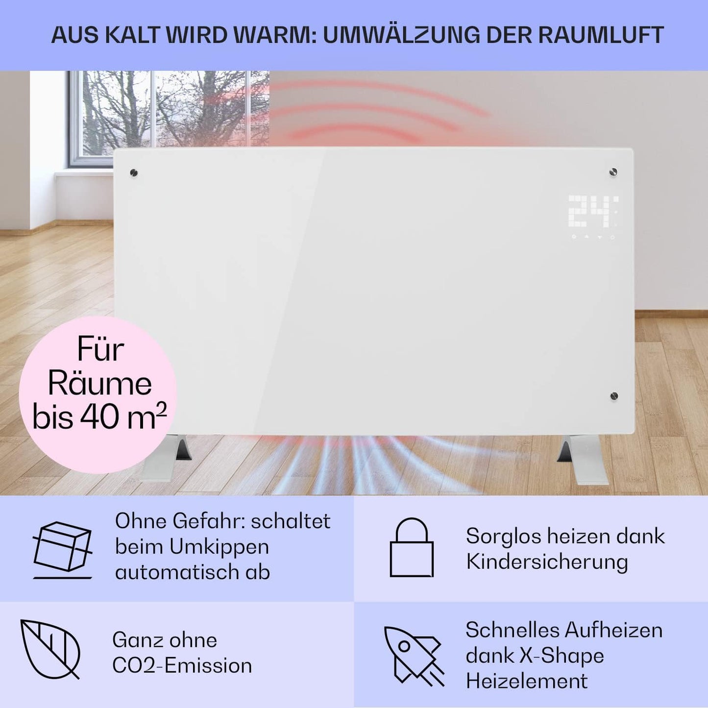 Konvektorheizung mit Fernbedienung und LED-Display, Weiss / Bornholm Curved