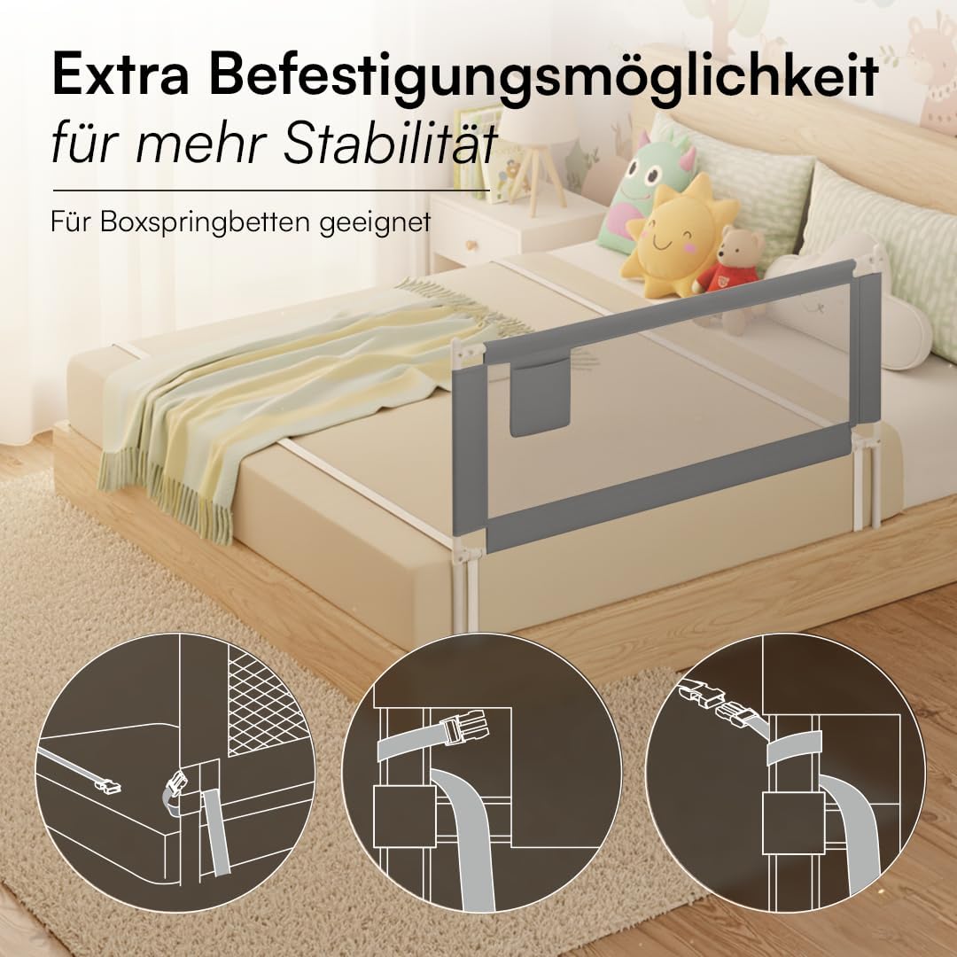 Rausfallschutz – Bettschutzgitter 150 cm, Hellgrau 150 cm mit Gurt