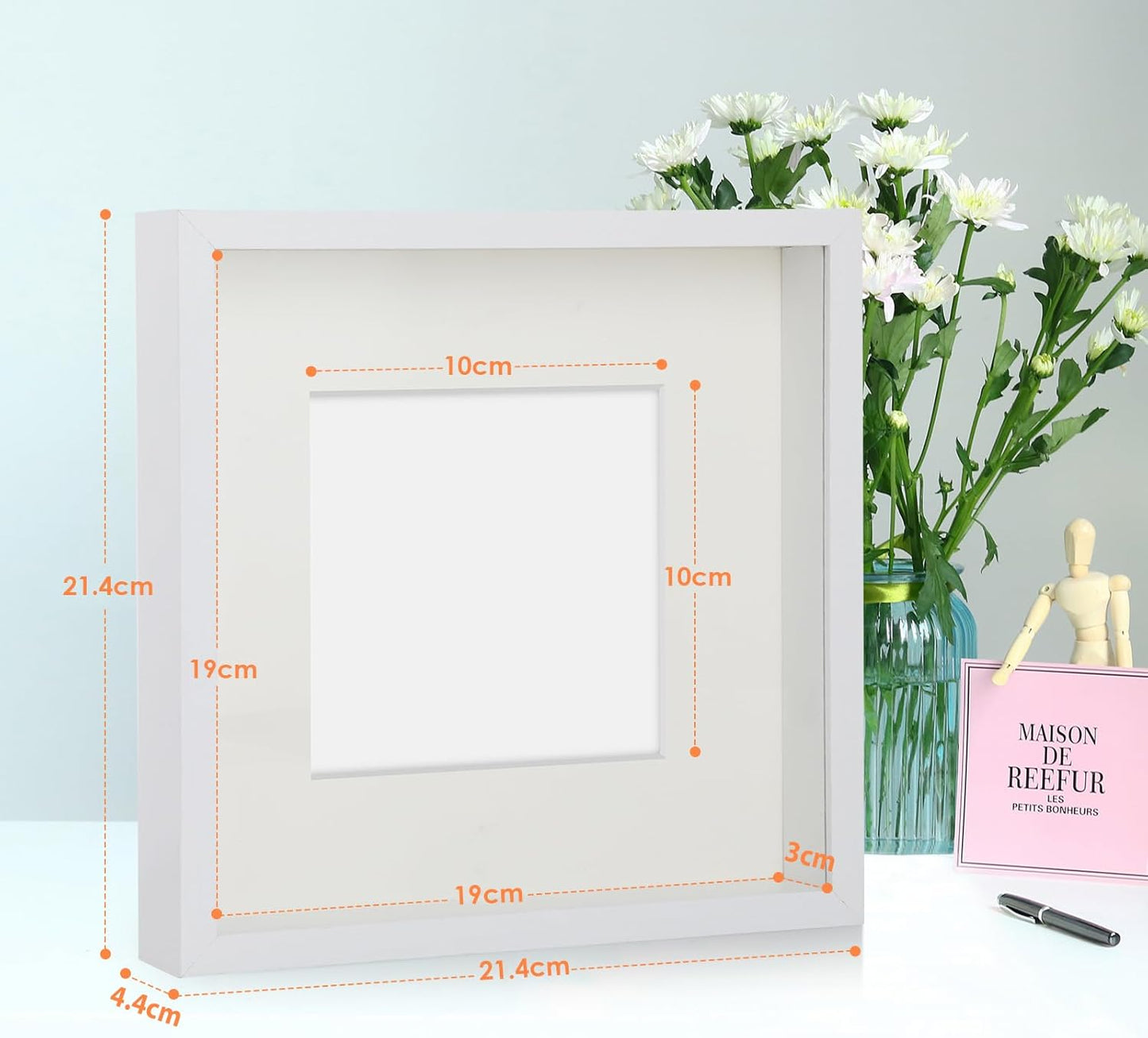 2er 3D Bilderrahmen Set mit Passepartout, Weiß 2er 20x20 cm für 10x10 cm