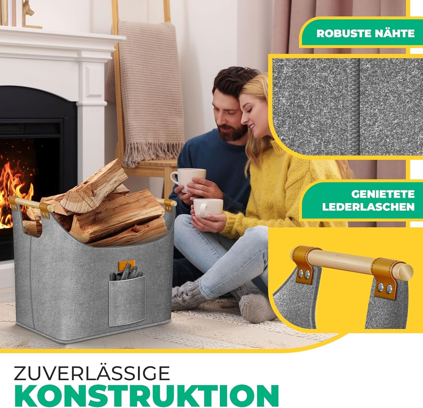 Faltbarer Brennholzkorb mit Holzgriffen, 60 Liter Grau