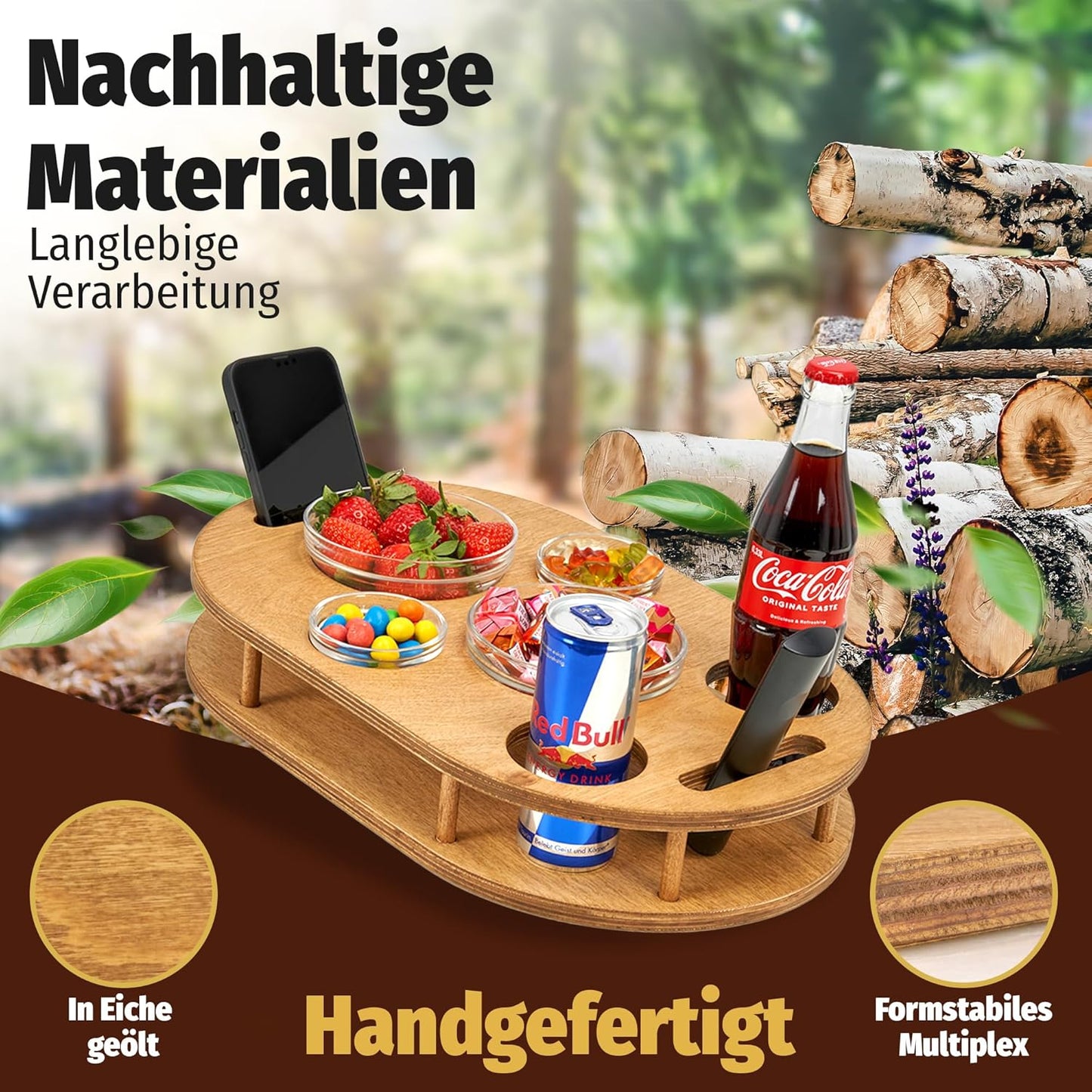 Couchbar mit 4 Glasschalen und Getränkehalter, nicht personalisiert Eiche