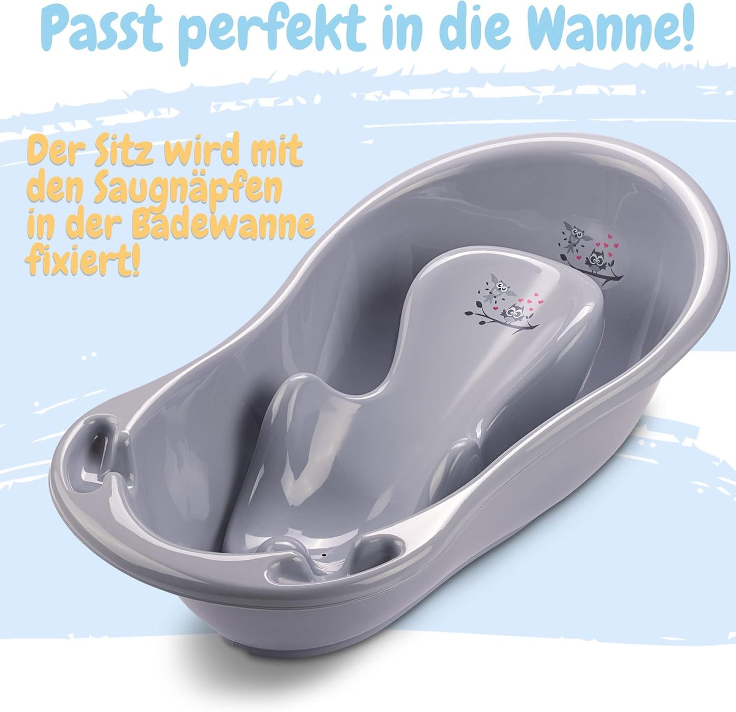 Babybadewanne Eule mit Neugeborenensitz, 2 - Set Eule - grau