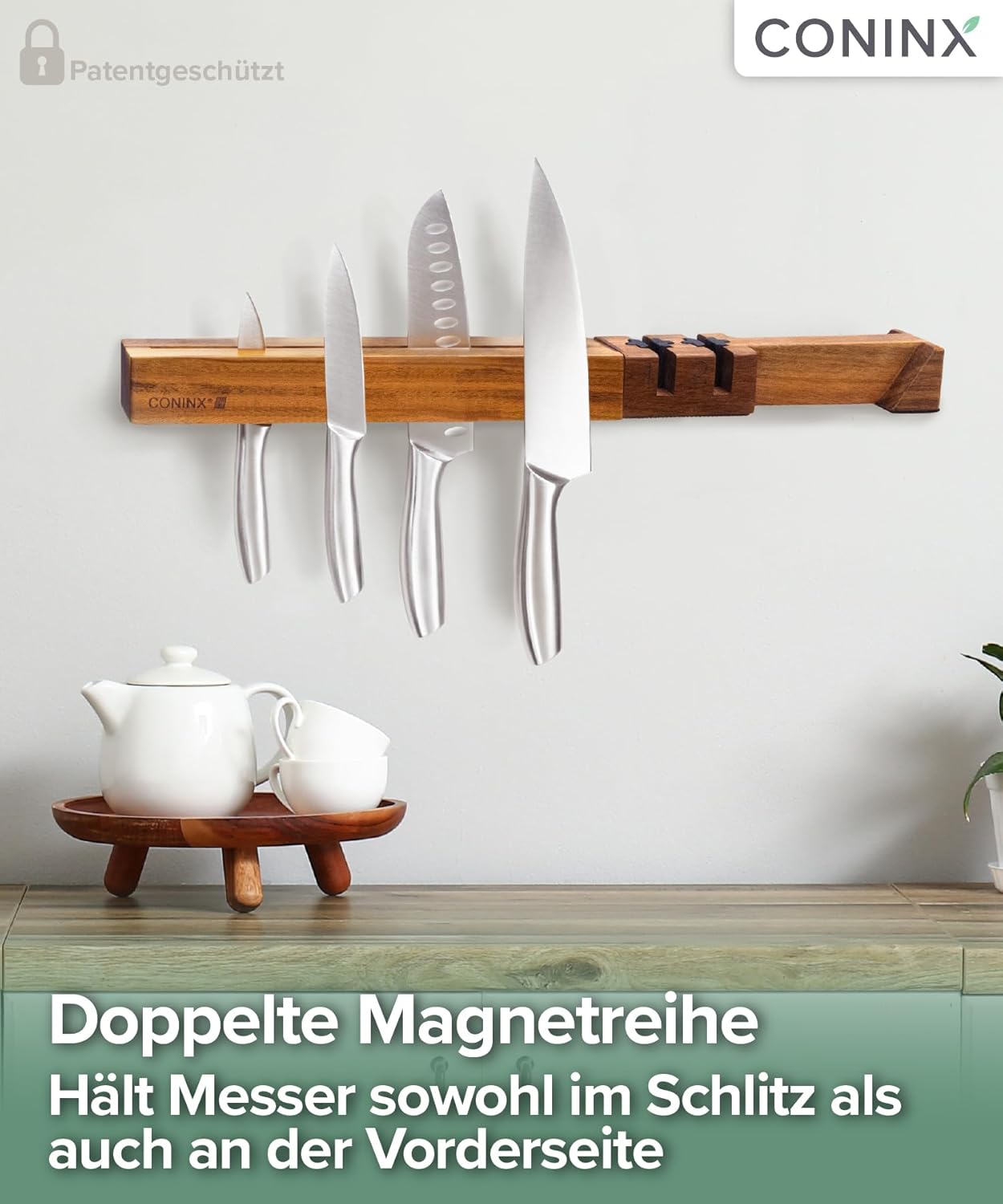 Magnetische Messerleiste mit Doppelschärfer, Akazien mit Schärfer